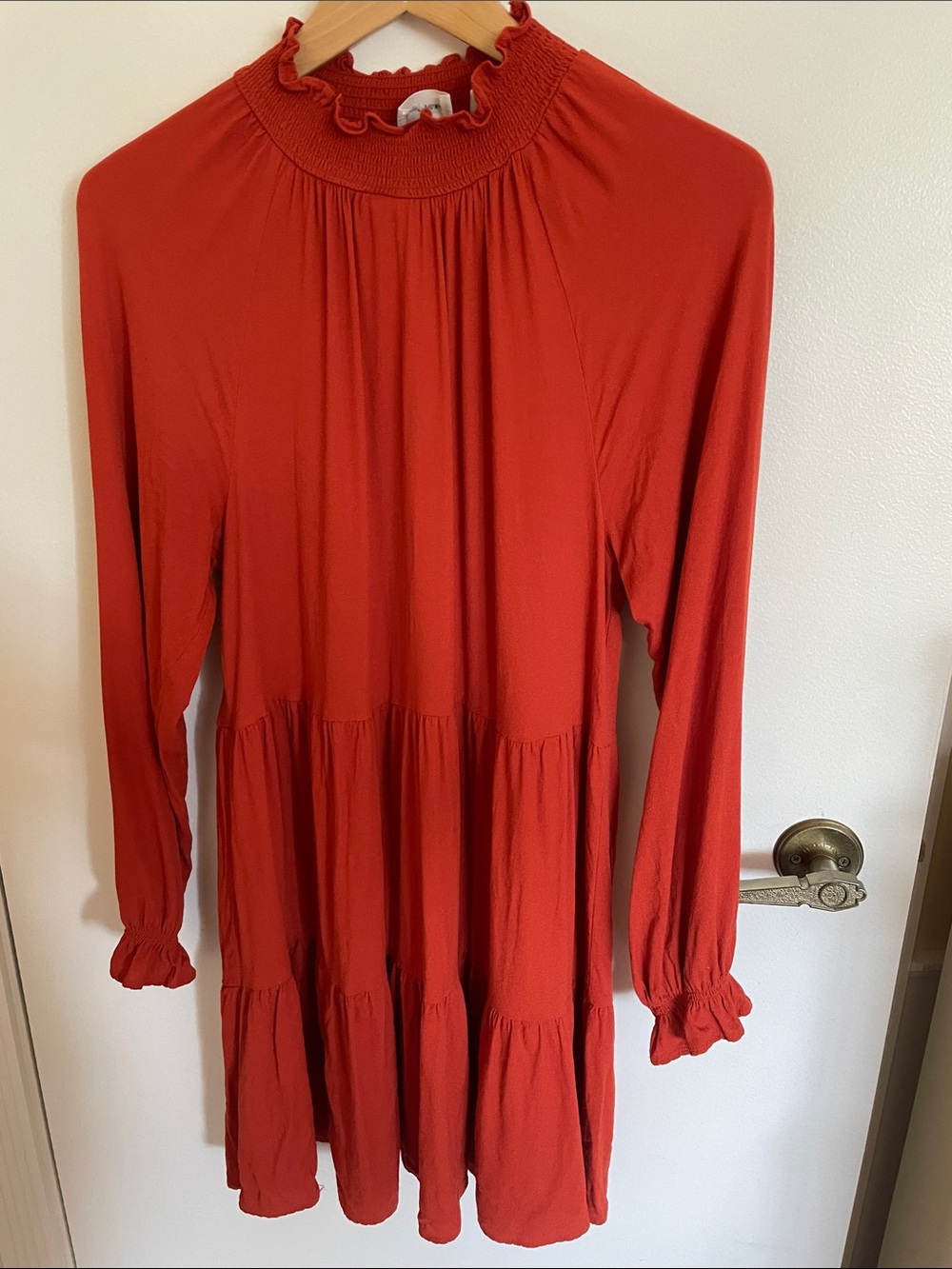 Wilfred Smocked Ruffle Neck Long-Sleeve Tiered Dress PTP 19”